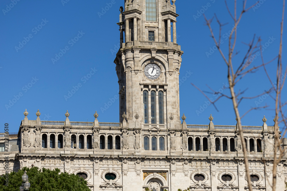 Fototapeta premium Detail of the clock tower in the city hall of Porto. City center of Porto in Portugal