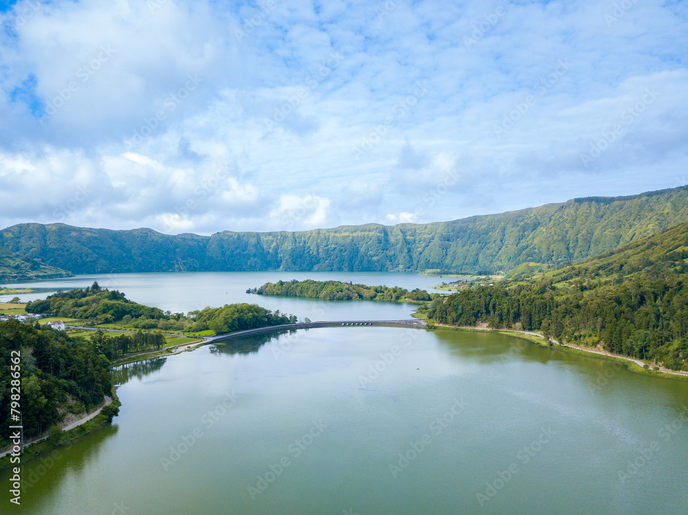 Aerial view of Twin Lakes Lagoon (Lagoa das Sete Cidades) in Sete Cidades. Island  of São Miguel, Azores Portugal
