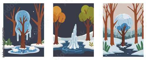 Danger Sign Of Climate Change - Global Warming with a vector depicting a dry tree in a cold landscape surrounded by melting ice.