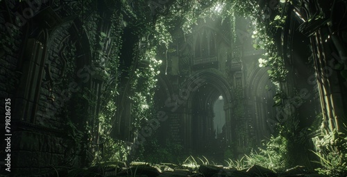 Deep within the dark forest lies an ancient temple hidden by layers of overgrown vines and towering trees. As a group of explorers . . photo