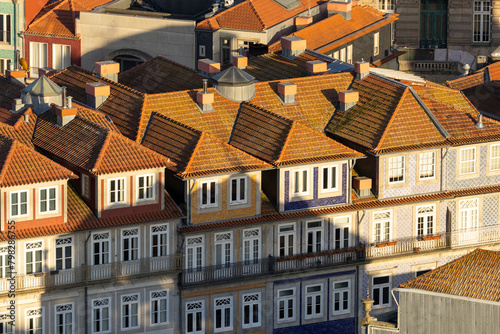 Porto, Portugal. Beautiful aerial city view of colored tiled houses and brown rooftops. Old town Porto, Portugal.