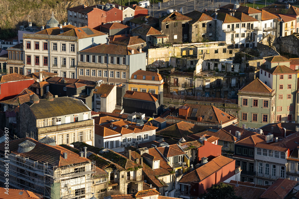 Aerial view of roofs of old city of Porto, Portugal.