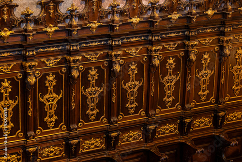 Detail of the beautiful chairs inside the Clérigos Church (Igreja dos Clérigos) in the city of Porto, Portugal.