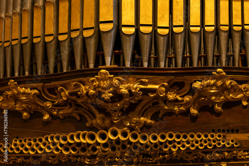 Detail of a pipe organ in the Church of Clérigos (Igreja dos Clérigos) in the City of Porto, Portugal.