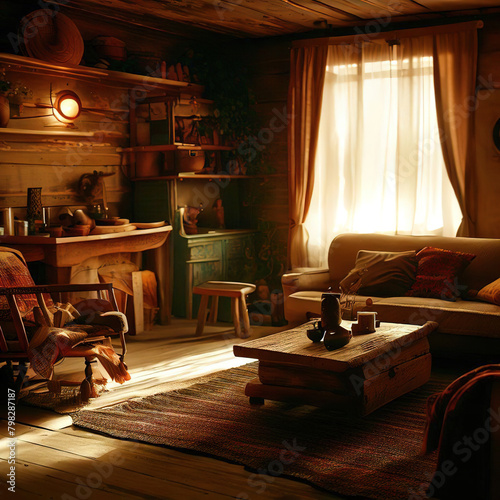 room in a wooden house with a window and furniture illustration generated by Ai