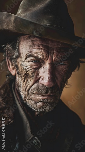 Old Cowboy's Weathered Face and Hat in Classic Movie Style