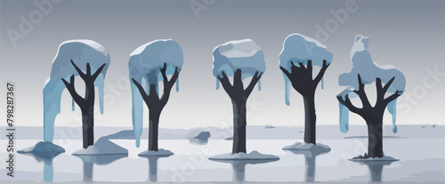 Danger Sign Of Climate Change - Global Warming with a vector depicting a dry tree in a cold landscape surrounded by melting ice.