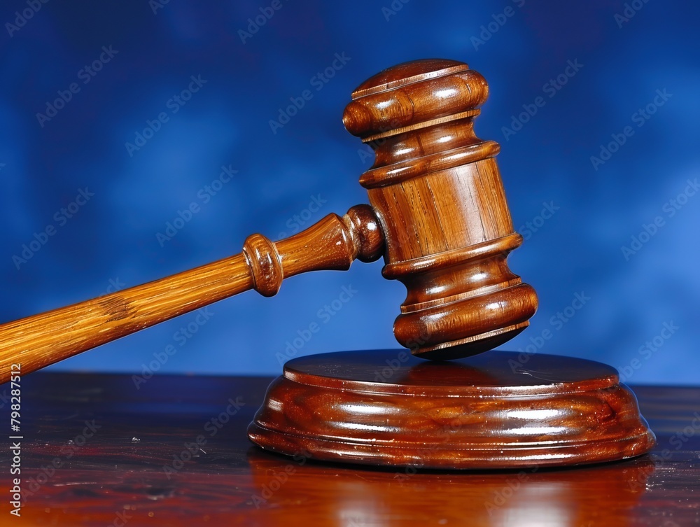 In a solemn setting against a serene blue background, a gavel hammer stands as a symbol of authority and justice. Its weighty presence evokes the solemnity of legal proceedings In a solemn setting against a serene blue background, a gavel hammer stands as a symbol of authority and justice. Its weighty presence evokes the solemnity of legal proceedings