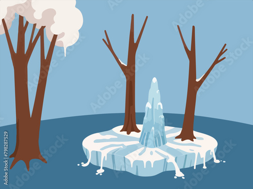 Danger Sign Of Climate Change - Global Warming with a vector depicting a dry tree in a cold landscape surrounded by melting ice.