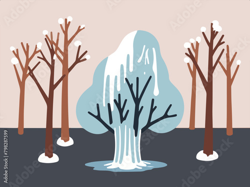 Danger Sign Of Climate Change - Global Warming with a vector depicting a dry tree in a cold landscape surrounded by melting ice.