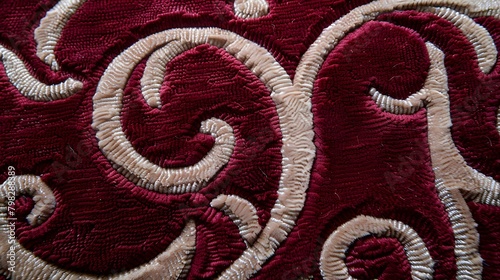 High-definition image of a plush wool carpet in rich burgundy with elegant ivory scrollwork designs