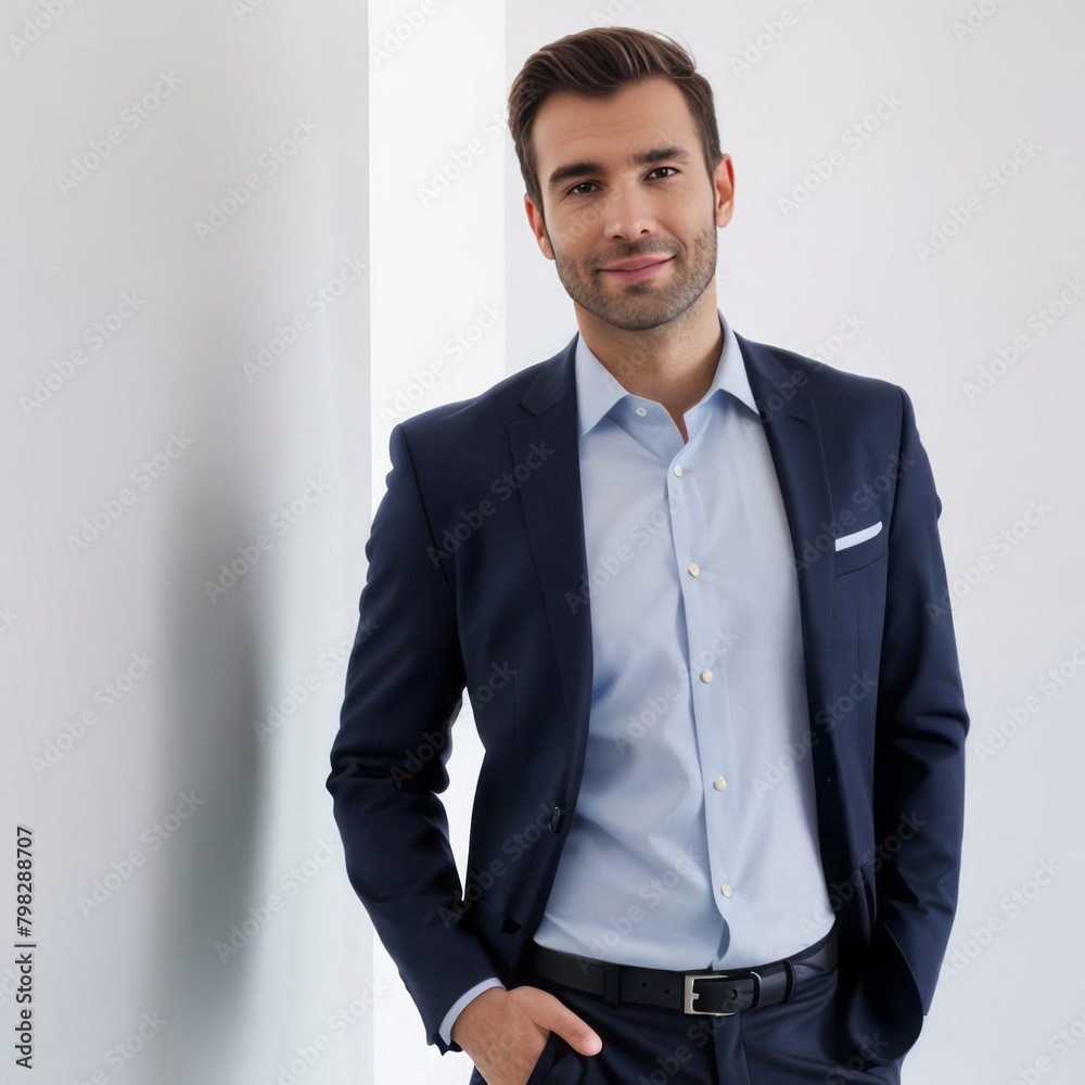 Fototapeta premium Happy elegant business man standing isolated on white background