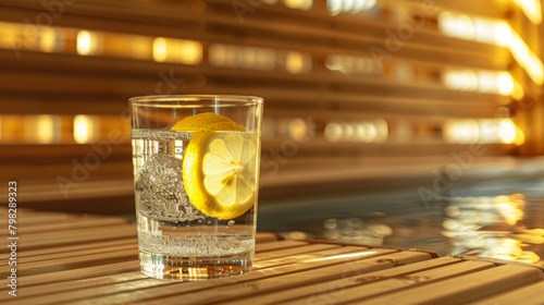 A glass of water with slices of lemon floating inside p beside the sauna symbolizing the cleansing effect of detoxification..