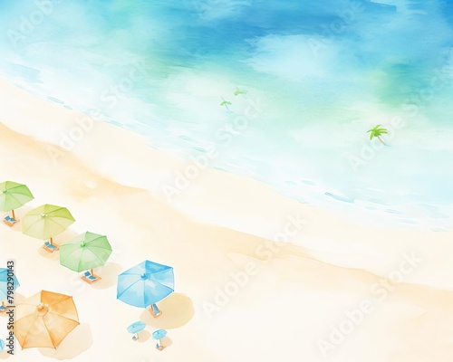 A beach scene with umbrellas and a palm tree in the background