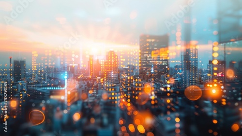 Blurred Digital Dusk A fusion of digital and natural elements captured in a hazy outoffocus image of a glowing sunset above a cityscape of technology and innovation. .