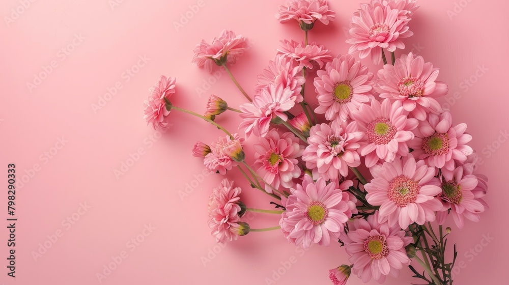 A lovely arrangement of soft pink flowers set against a backdrop of delicate pastel pink Captured from above in a flat lay style leaving room for text