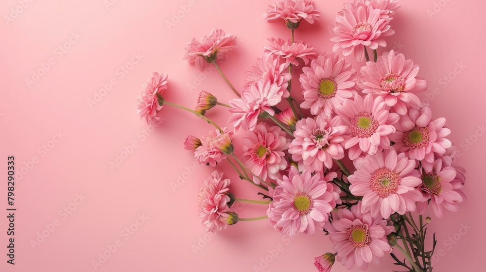A lovely arrangement of soft pink flowers set against a backdrop of delicate pastel pink Captured from above in a flat lay style leaving room for text A lovely arrangement of soft pink flowers set against a backdrop of delicate pastel pink Captured from above in a flat lay style leaving room for text
