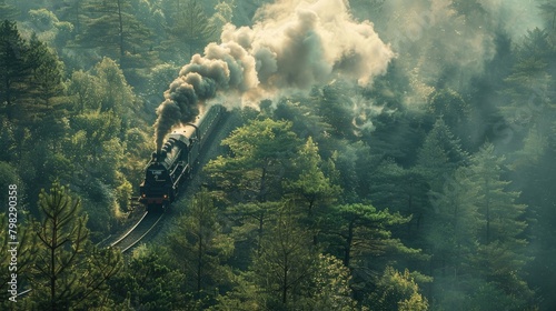 aesthetic coal train blowing smoke through dense green wooded area with pine trees in middle of summer surreal hyperrealism photo