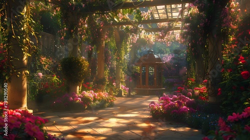 A lush  vibrant garden filled with cascading vines and colorful flowers  with a hidden gazebo bathed in soft  golden light.