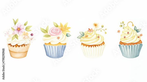 Four cupcakes with flowers on them
