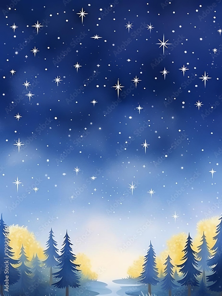 A blue sky with a starry night and a forest in the background