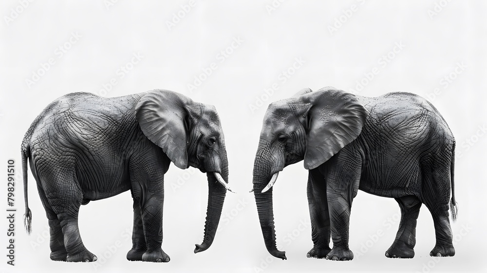 A monochrome of pair of elephants standing side by side on white background.