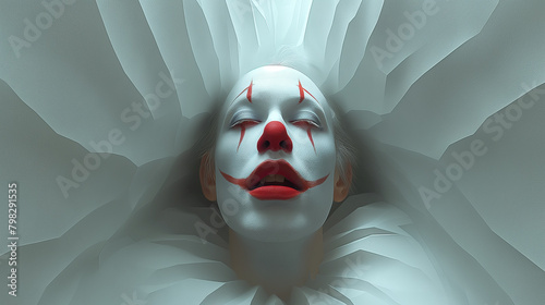 A minimalist digital artwork featuring a clown. White and  red. Geometric design, modern gallery backdrop.