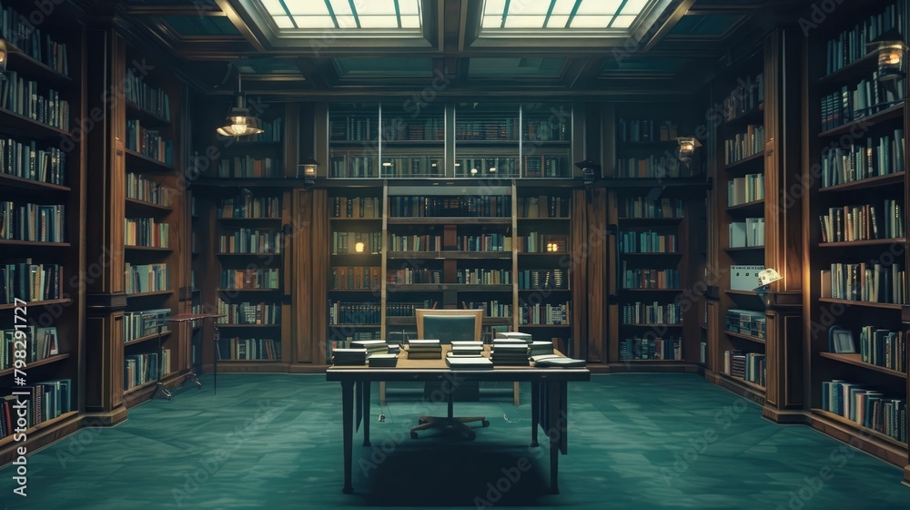 A serene image of a quiet library, with rows of books and a single desk in the center, symbolizing the importance of education and knowledge on Teacher's Day.