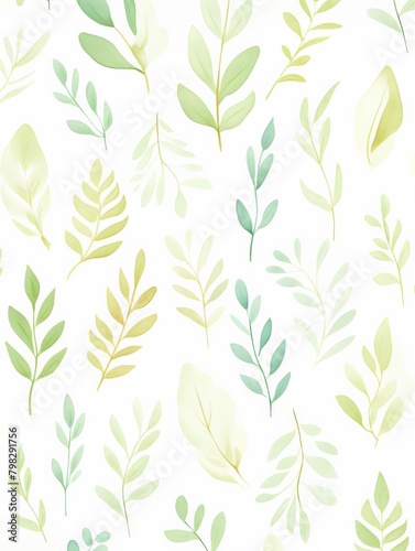 A pattern of green leaves is spread across a white background