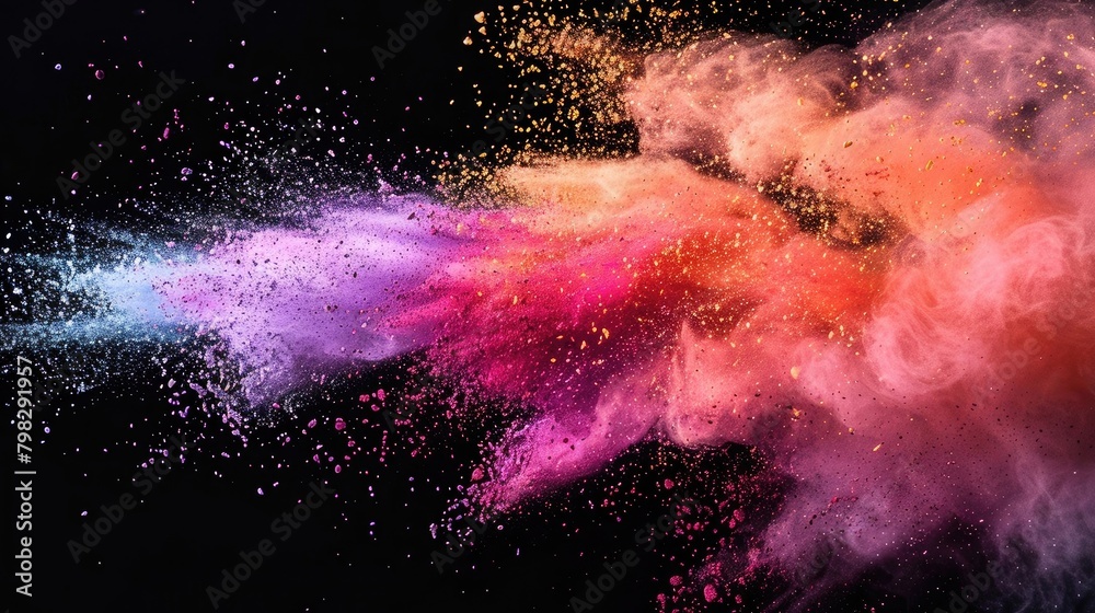 colorful powder explode on black background captured in high speed at side view