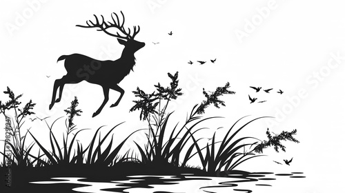 A monochrome vector of graceful deer leaping over a flowing stream  without background