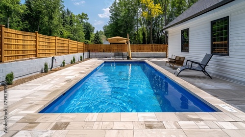 A newly constructed rectangular swimming pool with tan concrete edges, situated in the fenced backyard of a new house