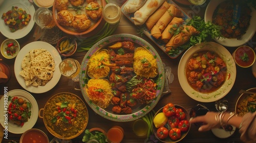 A serene scene of a Parsi family laying out the traditional spread of food for the New Year, with a focus on the colorful array of dishes.