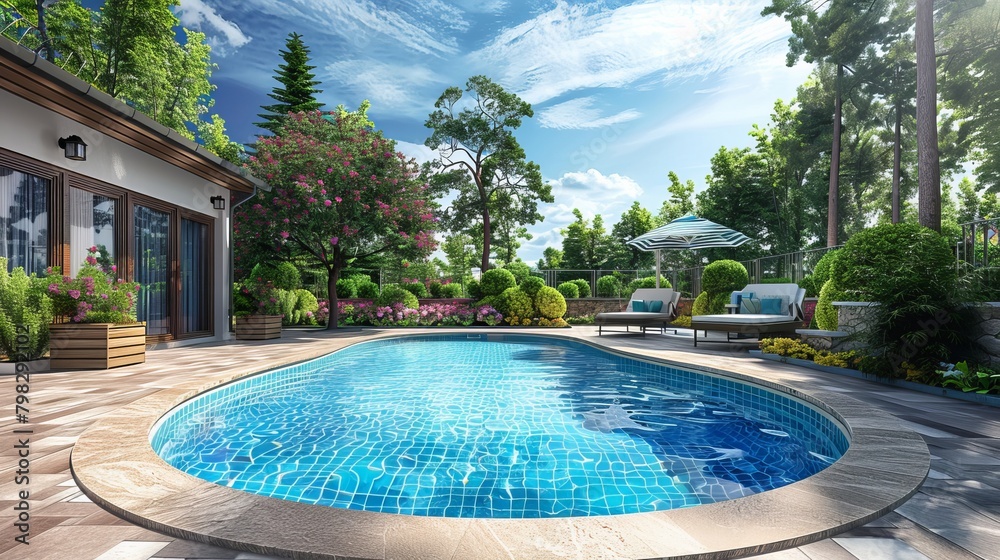 A residential swimming pool located in a garden and terrace area of a home