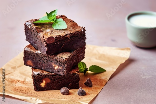 Chocolate brownies with mint and nuts. Selective focus. Fudge brownie on a Background with Copy Space. 