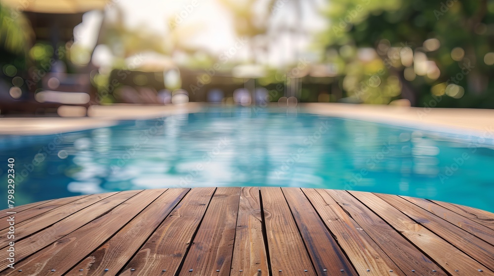 A round wooden table with a blurred background of an empty swimming pool outdoors on a bright summer day