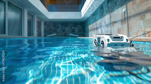 A robotic pool cleaner in action, maintaining a swimming pool by cleaning its bottom and walls, providing an essential service before the summer swimming season © Orxan