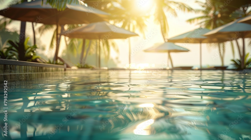 A summer pool background with an empty space on the pool edge, marble stone tiles, and a blurred swimming pool with beach umbrellas in a tropical resort, presented in a vertical style