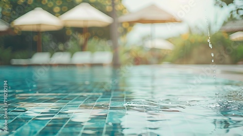 A summer pool background with an empty space on the pool edge, marble stone tiles, and a blurred swimming pool with beach umbrellas in a tropical resort, presented in a vertical style photo