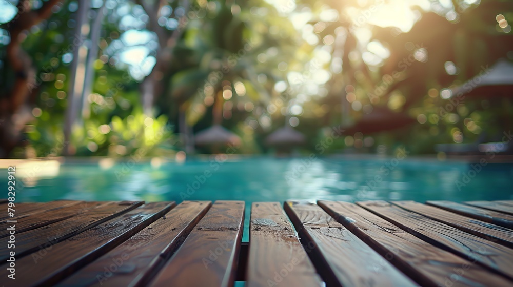 A table top with a blurred background of a swimming pool, creating a serene setting A table top with a blurred background of a swimming pool, creating a serene setting
