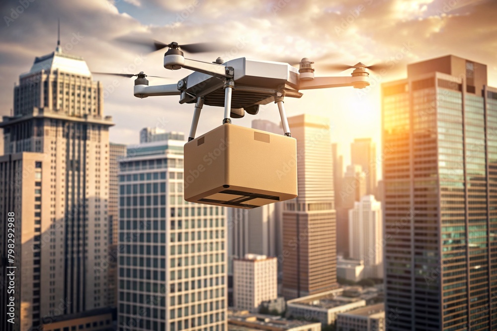 Technologies of the future. A delivery drone carries a cardboard box for a person on a rope. A delivery drone flies between modern skyscrapers. The concept of developing the delivery of goods. Technologies of the future. A delivery drone carries a cardboard box for a person on a rope. A delivery drone flies between modern skyscrapers. The concept of developing the delivery of goods.