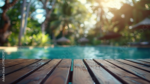 A table top with a blurred background of a swimming pool, creating a serene setting © Orxan