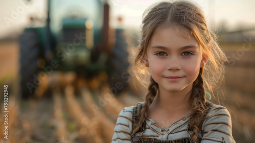 GIRL FARMER WITH TRACTOR IN THE BACKGROUND photo
