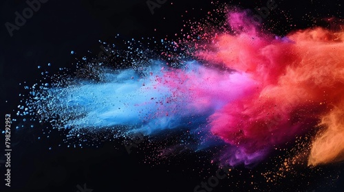 colorful powder explode on black background captured in high speed at side view