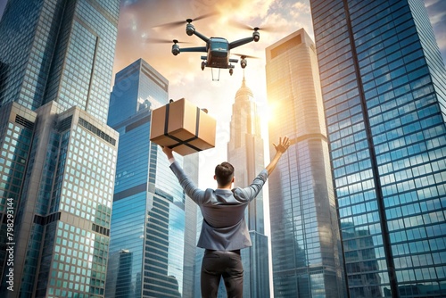 Technologies of the future. A delivery drone carries a cardboard box for a person on a rope. A delivery drone flies between modern skyscrapers. The concept of developing the delivery of goods. photo