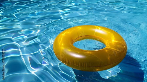 A yellow inflatable ring floating in a blue swimming pool, symbolizing relaxation and leisure