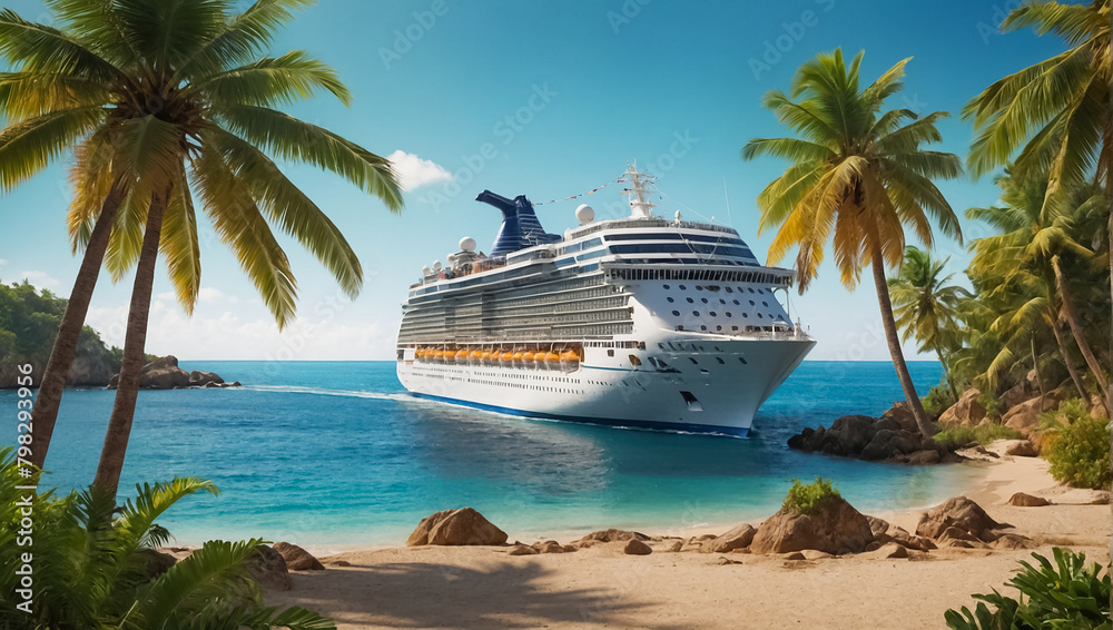 Fototapeta premium Gorgeous cruise ship, tropical beach paradise