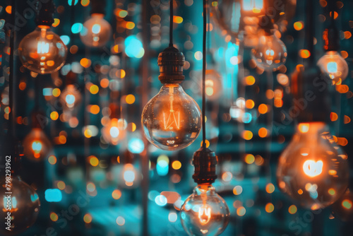 Array of hanging incandescent light bulbs creating a warm, inviting bokeh effect in the background. photo
