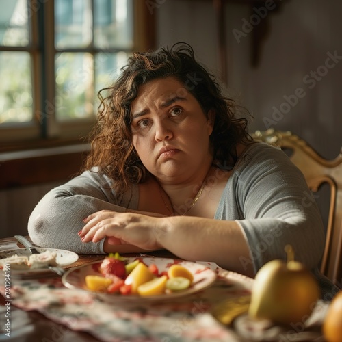  Unhappy fat woman sitting in the dining room at home  looking with frustration at the small cut fruits on the plate on the table  reflecting how difficult it is to diet