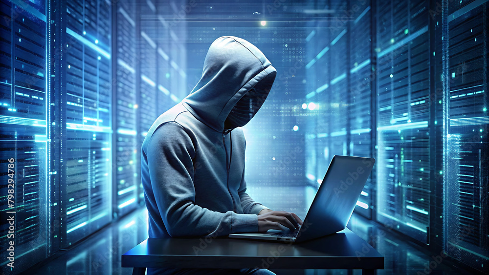 Generative ai. person in a hoodie using a laptop computer, hacker Generative ai. person in a hoodie using a laptop computer, hacker
